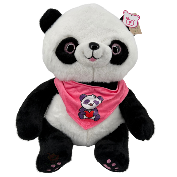 Schwarz-weißer Plüsch-Panda mit pinkem Halstuch und Panda-Herz-Motiv, ca. 39 cm